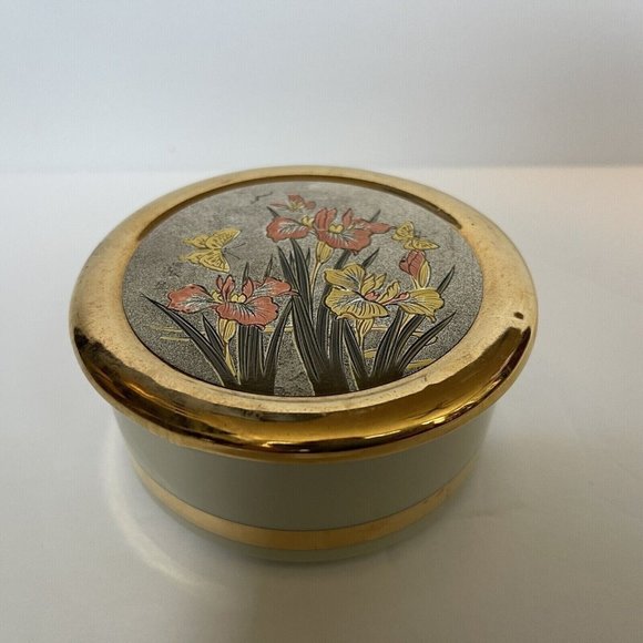 The Art Of Chokin Decorative Trinket Box 24K Gold Edge Butterfly & Iris Flowers - Picture 3 of 12